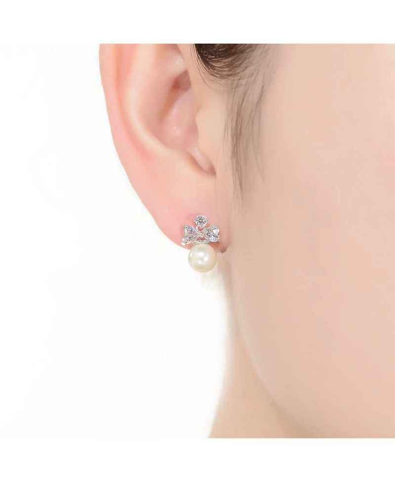 Gv Sterling Silver White Gold Plated White Round Freshwater Pearl with Clear Heart and Round Cubic Zirconia Earrings