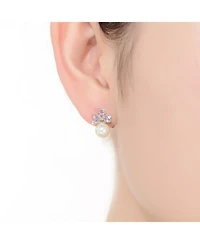 Gv Sterling Silver White Gold Plated White Round Freshwater Pearl with Clear Heart and Round Cubic Zirconia Earrings