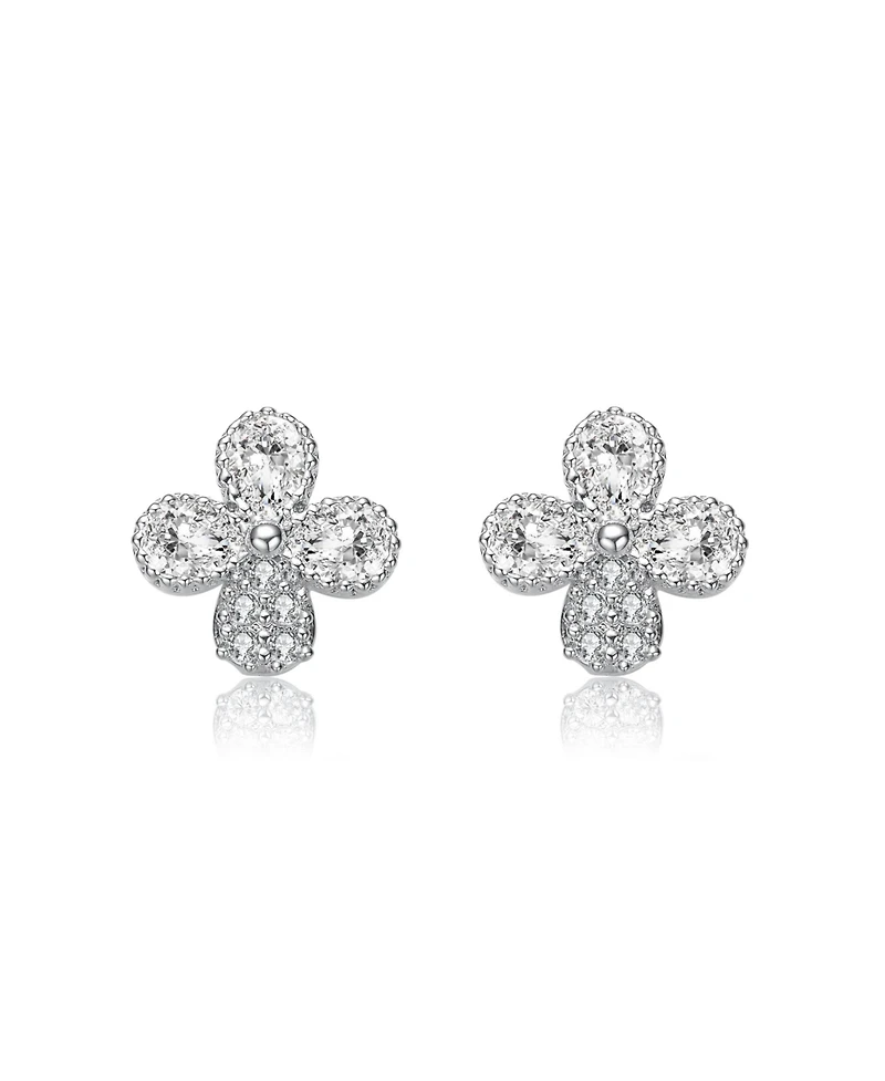 Gv Sterling Silver White Gold Plated Clear Pear and Round Cubic Zirconia Clover Earrings