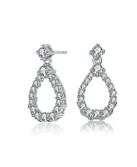 Gv Sterling Silver White Gold Plated Clear Round Cubic Zirconia Open Pear Drop Earrings