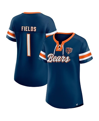 Women's Fanatics Justin Fields Navy Chicago Bears Athena Name and Number Notch Neck T-shirt