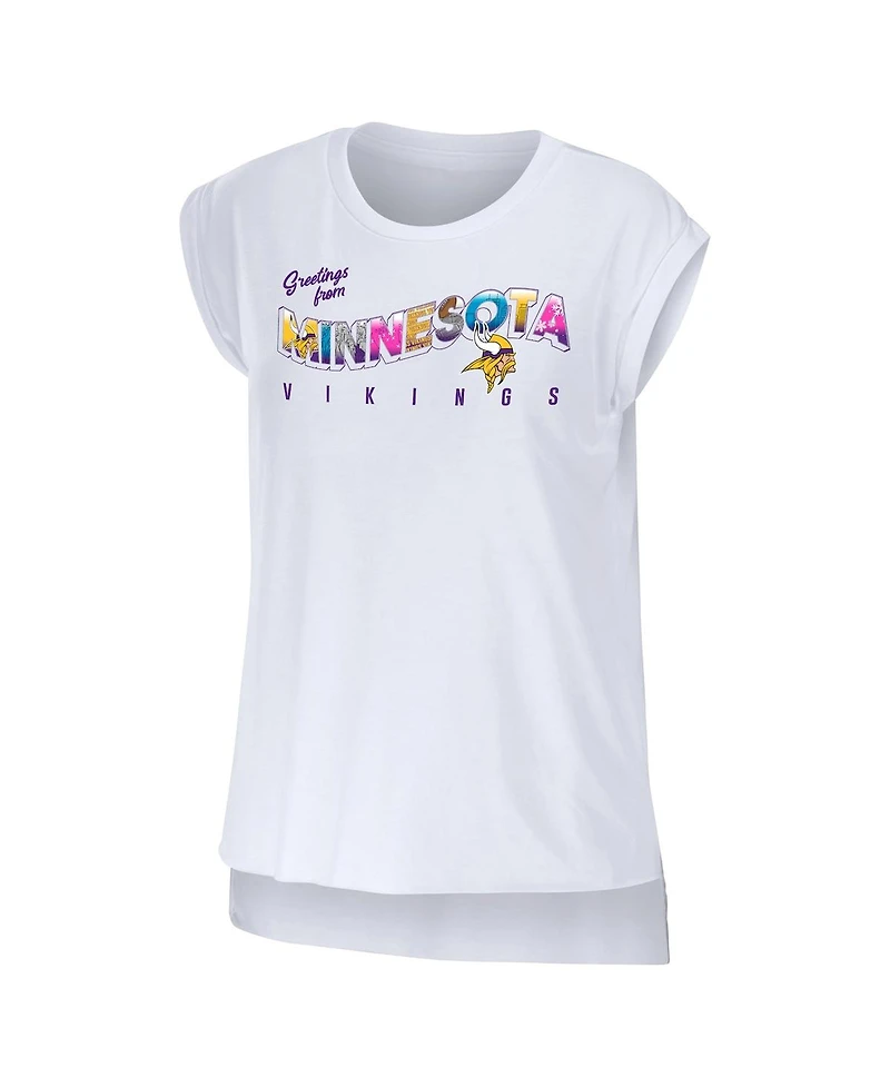 Women's Wear by Erin Andrews White Minnesota Vikings Greetings From Muscle T-shirt