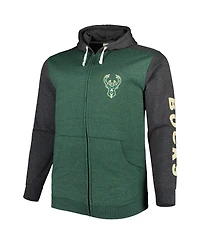 Men's Fanatics Heathered Hunter Green, Heathered Black Milwaukee Bucks Big and Tall Down and Distance Full-Zip Hoodie