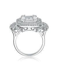 Sterling Silver White Gold Plated Clear Baguette and Round Cubic Zirconia's Double Halo Clustered Cocktail Ring