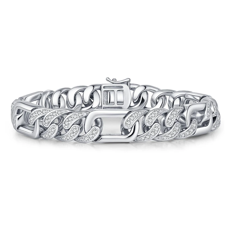Men's Sterling Silver White Gold Plated with Iced Out Cubic Zirconia Oblong Curb Chain Bracelet