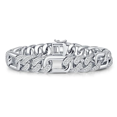 Men's Sterling Silver White Gold Plated with Iced Out Cubic Zirconia Oblong Curb Chain Bracelet