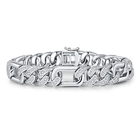 Men's Sterling Silver White Gold Plated with Iced Out Cubic Zirconia Oblong Curb Chain Bracelet
