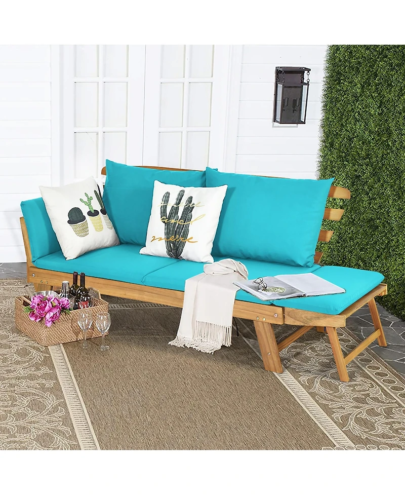 Costway Patio Convertible Sofa Daybed Solid Wood Adjustable Thick Cushion