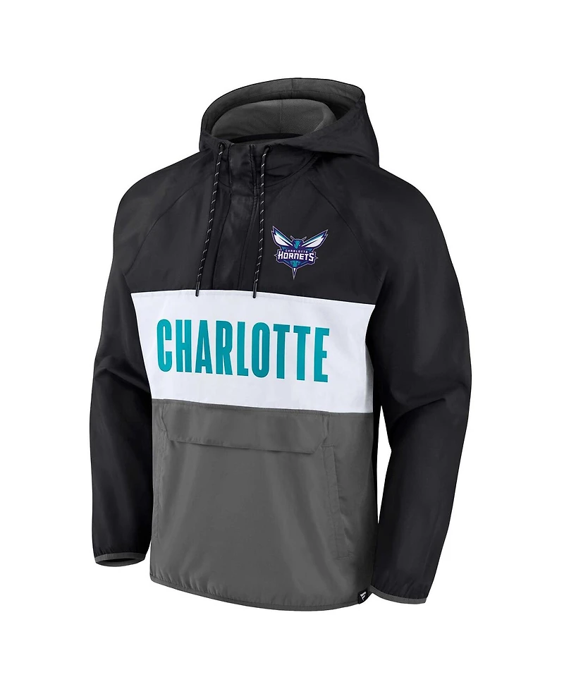 Men's Fanatics Black, Gray Charlotte Hornets Team Leader Iconic Colorblock Anorak Raglan Quarter-Zip Hoodie