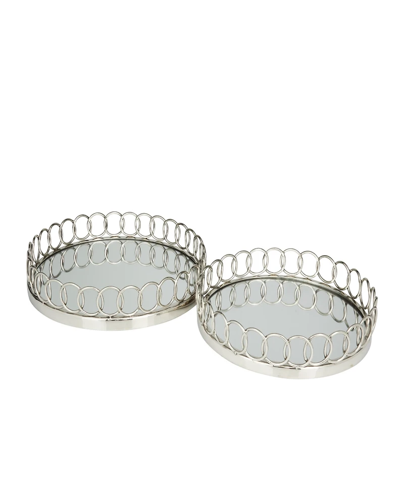 Rosemary Lane Stainless Steel Mirrored Tray with Circle Patterned Sides, Set of 2, 16", 14" W
