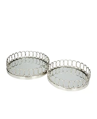 Rosemary Lane Stainless Steel Mirrored Tray with Circle Patterned Sides, Set of 2, 16", 14" W