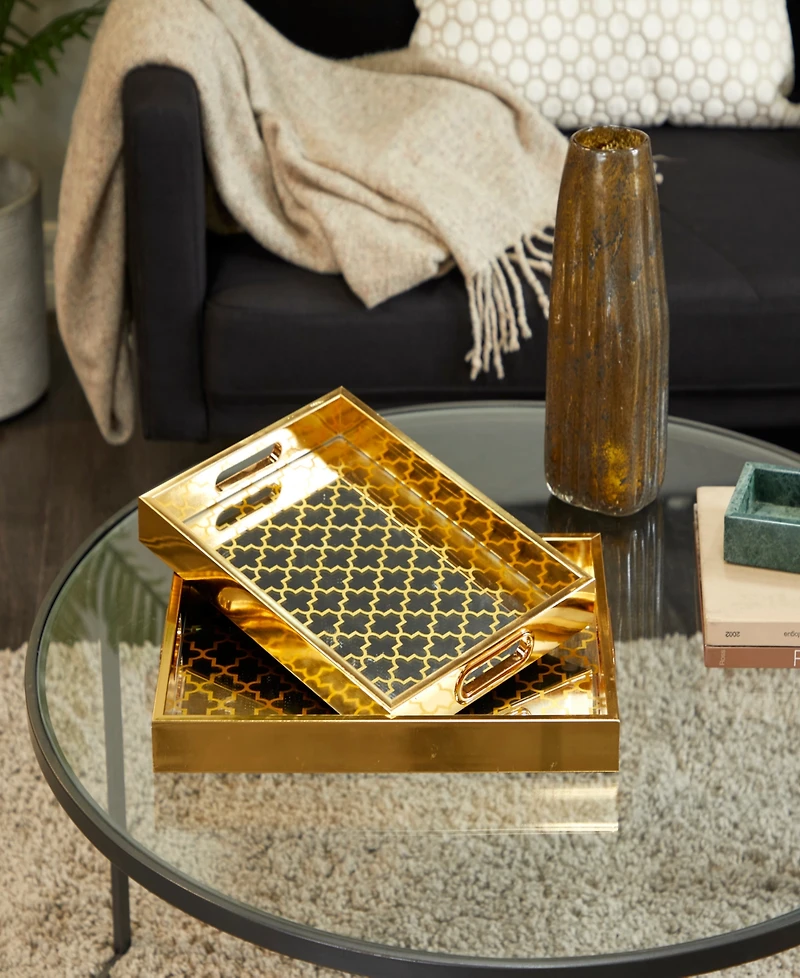 Rosemary Lane Plastic Mirrored Geometric Tray, Set of 2, 16", 14" W