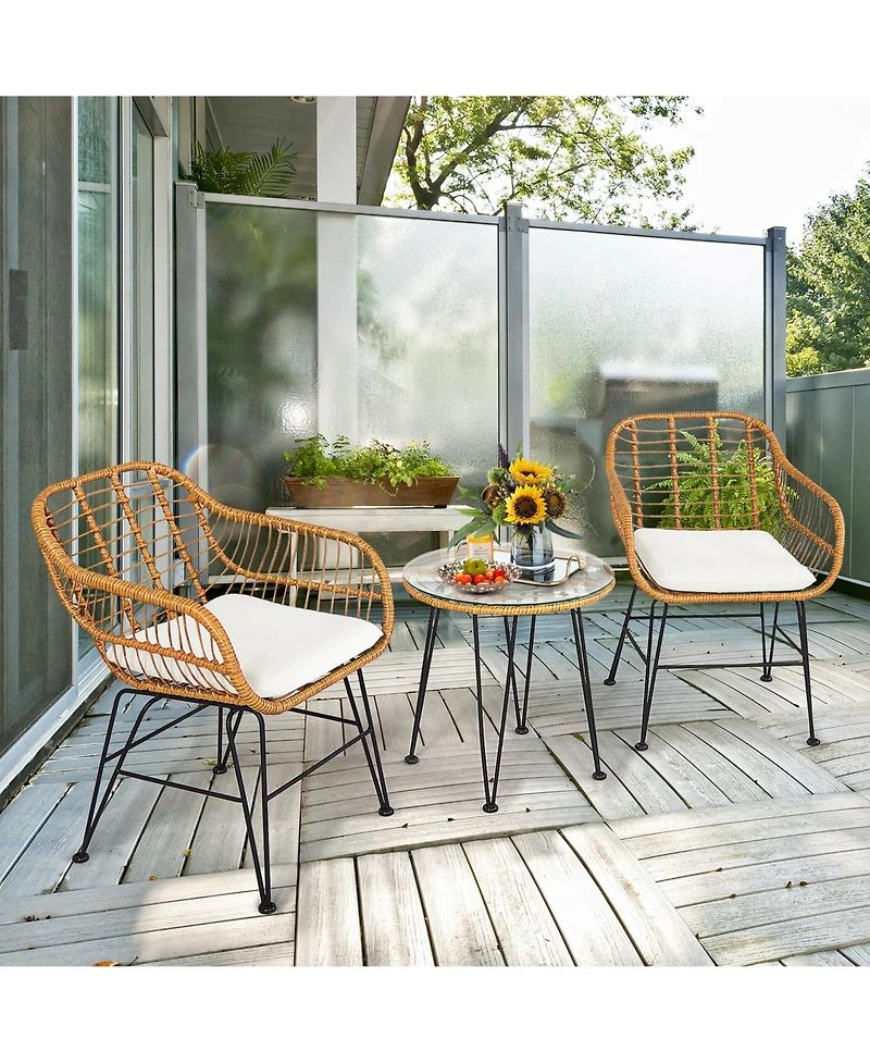 3PCS Patio Rattan Bistro Furniture Set Cushioned Chair Table