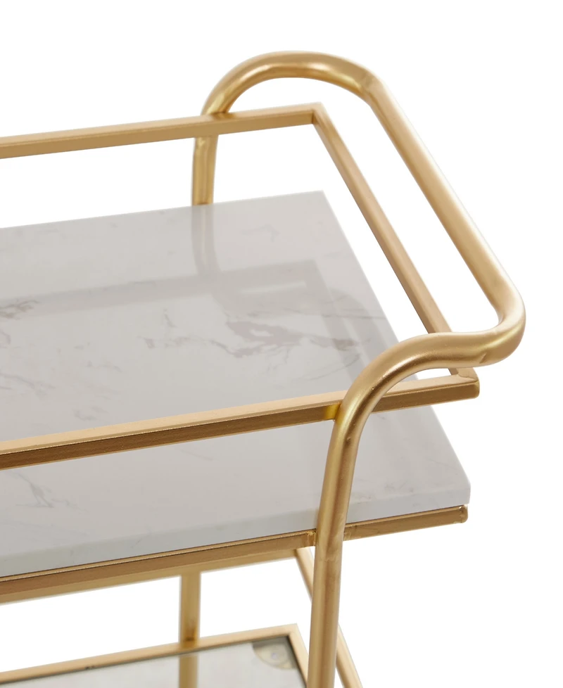 Rosemary Lane 27" x 13" x 33" Marble Rolling 1 Glass and 2 Marble Shelves with Handles Bar Cart