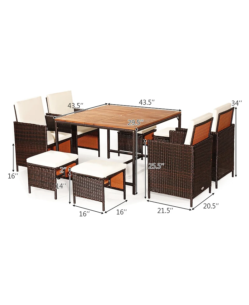9PCS Patio Rattan Dining Set Cushioned Chairs Ottoman Wood Table Top