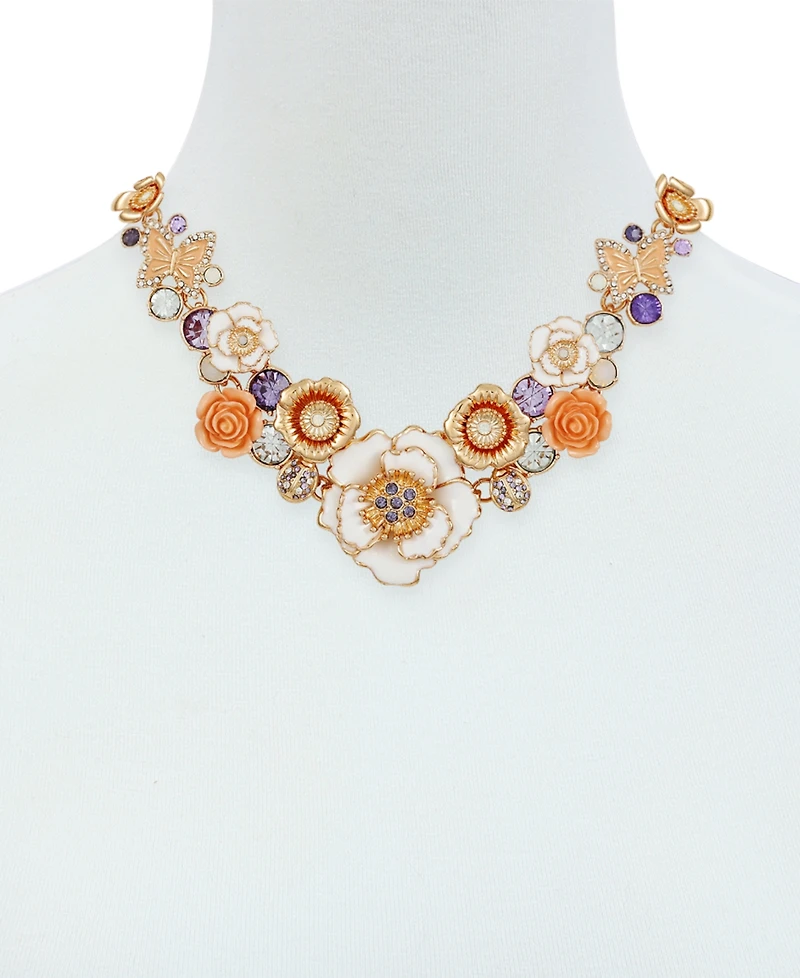 Guess Gold-Tone Mixed Color Stone Flower Statement Necklace, 16" + 2" extender
