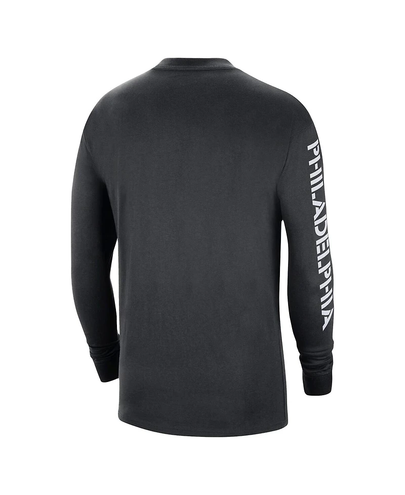Men's Jordan Black Distressed Philadelphia 76ers Courtside Max 90 Vintage-Like wash Statement Edition Long Sleeve T-shirt