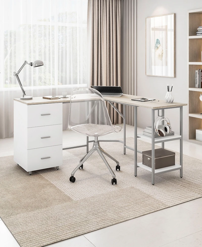 Techni Mobili Wood L-Shape Home Office with Storage Two-Tone Desk