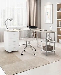 Techni Mobili Wood L-Shape Home Office with Storage Two-Tone Desk
