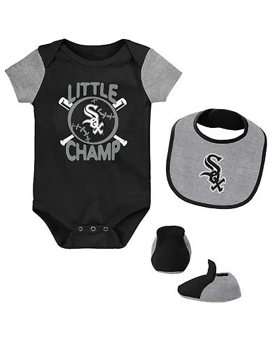 Newborn and Infant Boys Girls Black, Heather Gray Chicago White Sox Little Champ Three-Pack Bodysuit Bib Booties Set