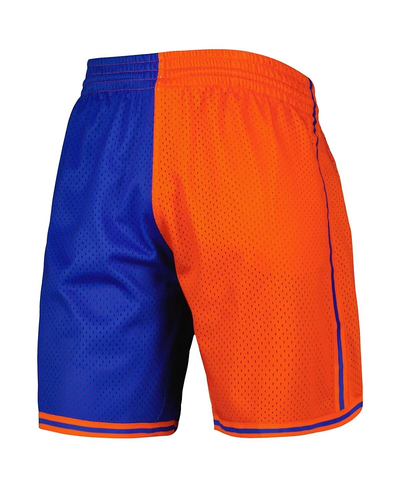 Men's Mitchell & Ness Blue and Orange New York Knicks Hardwood Classics 1996 Split Swingman Shorts