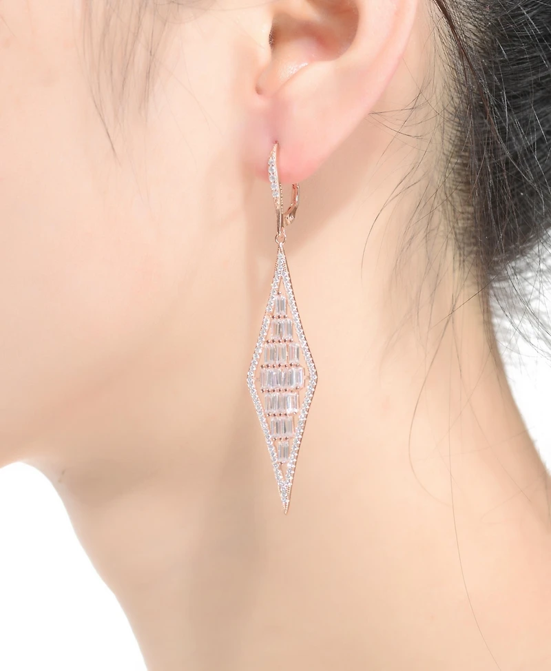 Sterling Silver Shaped Cubic Zirconia Long Kite Shape Drop Earrings