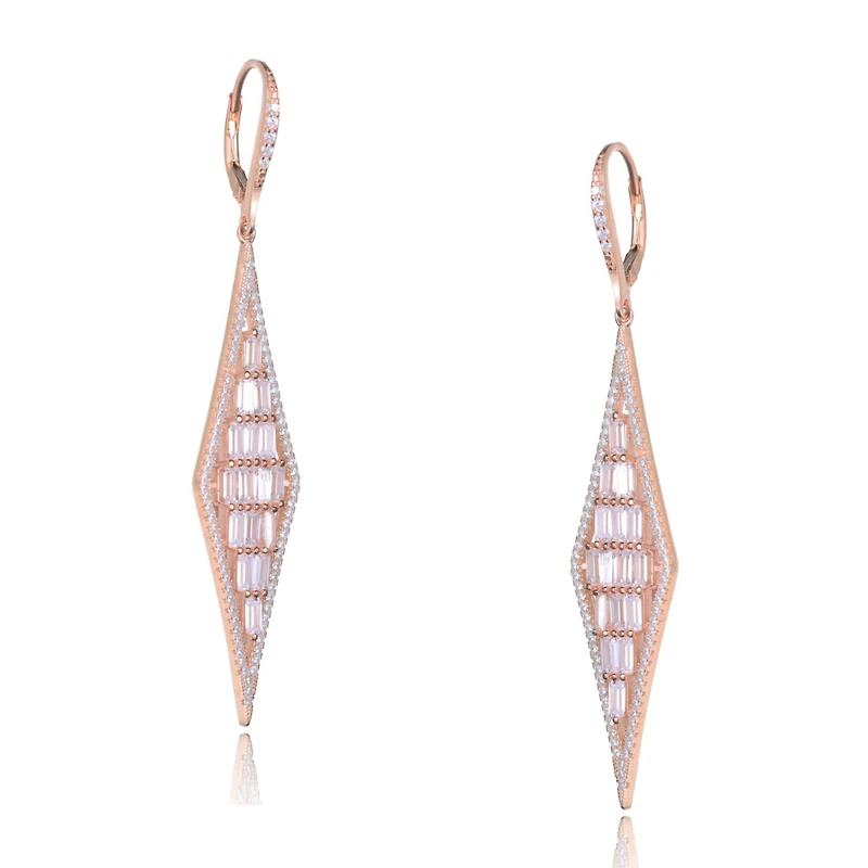 Sterling Silver Shaped Cubic Zirconia Long Kite Shape Drop Earrings