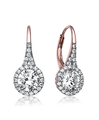 Sterling Silver Clear Round Cubic Zirconia Partially Paved and Haloed Solitaire Drop Earrings