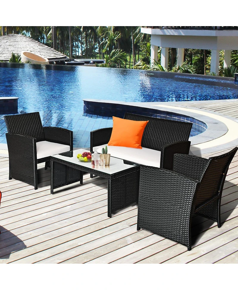 Costway 4PCS Outdoor Patio Rattan Furniture Conversation Set Cushioned Sofa Coffee Table