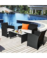 Costway 4PCS Outdoor Patio Rattan Furniture Conversation Set Cushioned Sofa Coffee Table