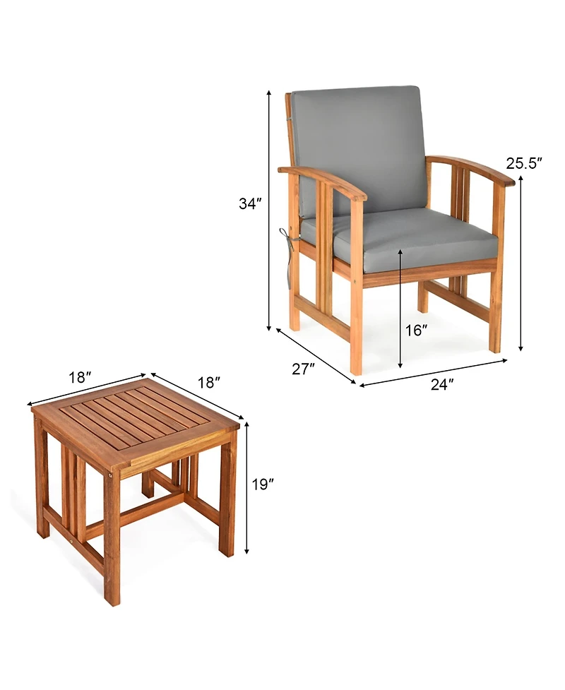 3PCS Solid Wood Patio Furniture Set Table&Chairs