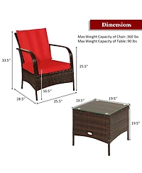 Costway 3 Pcs Patio Rattan Furniture Set Coffee Table & 2 Rattan Chair