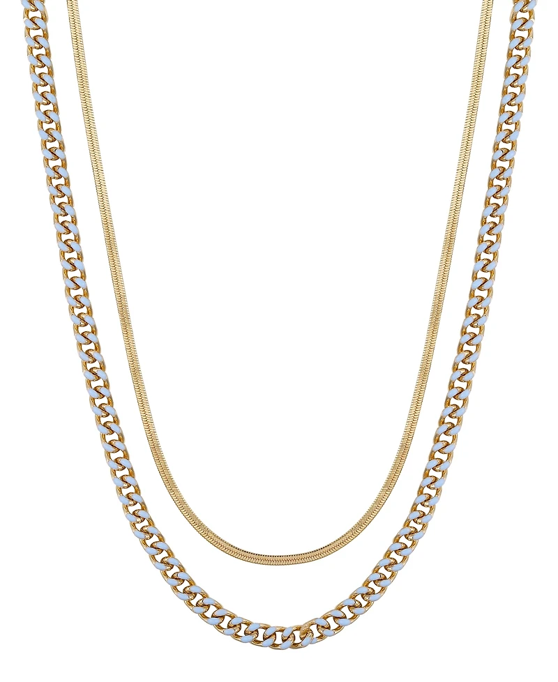 Unwritten 14K Gold Flash-Plated Light Blue Enamel Curb Chain and Herringbone Chain Necklace Set