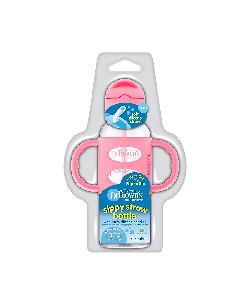 Dr. Browns Narrow Sippy Straw Bottle with 100% Silicone Handles, 8oz, Pink