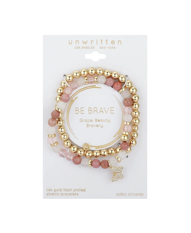 14K Gold Flash-Plated Pink Stone And Gold Bead Butterfly Bracelet Duo