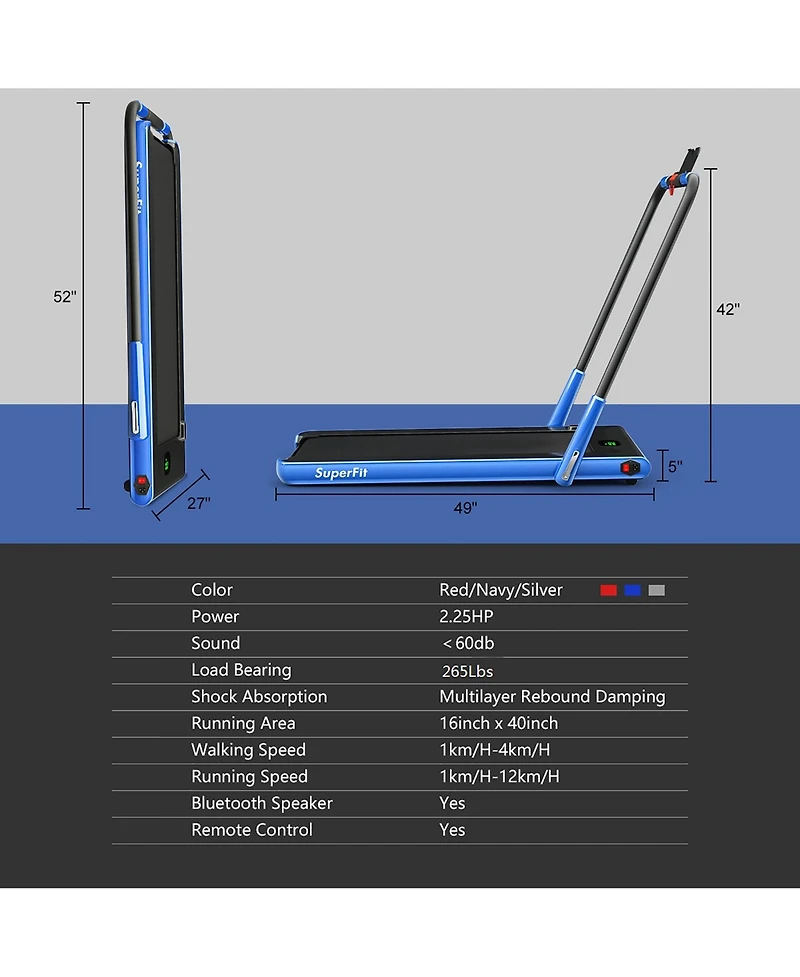 2.25HP 2-in-1 Folding Under Desk Treadmill Speaker Remote Control