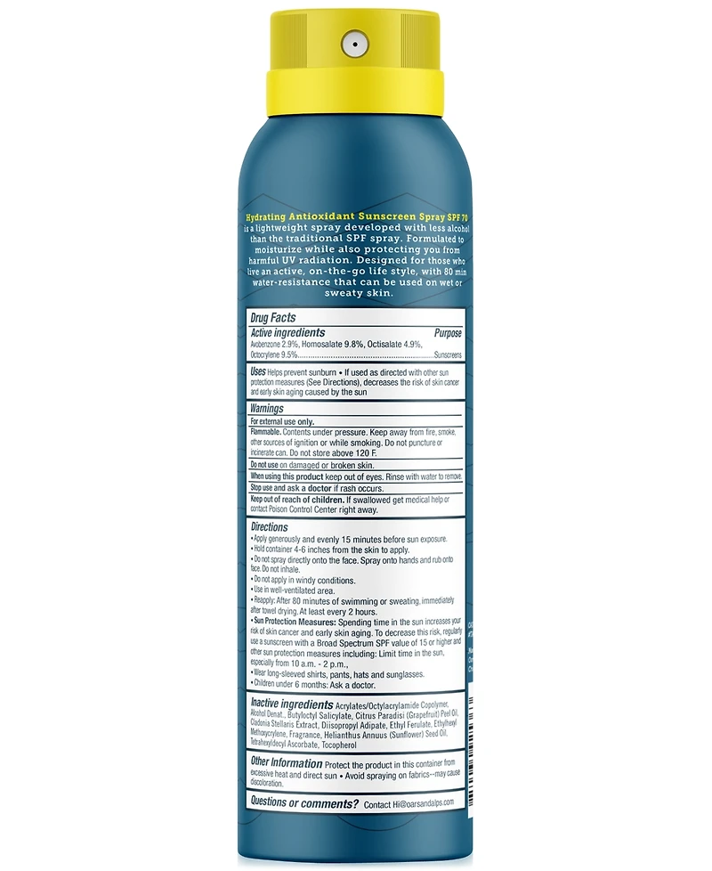 Oars + Alps Hydrating Antioxidant Sunscreen Spray Spf 70, 6 oz.