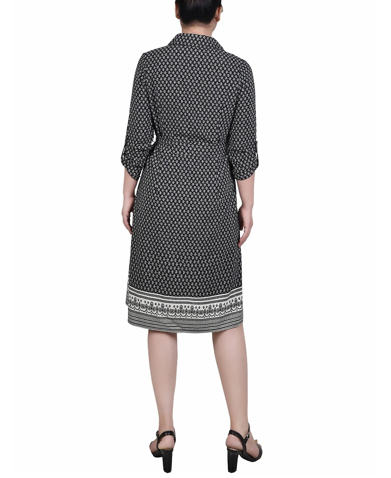 Ny Collection Petite 3/4 Roll Tab Sleeve Belted Shirtdress