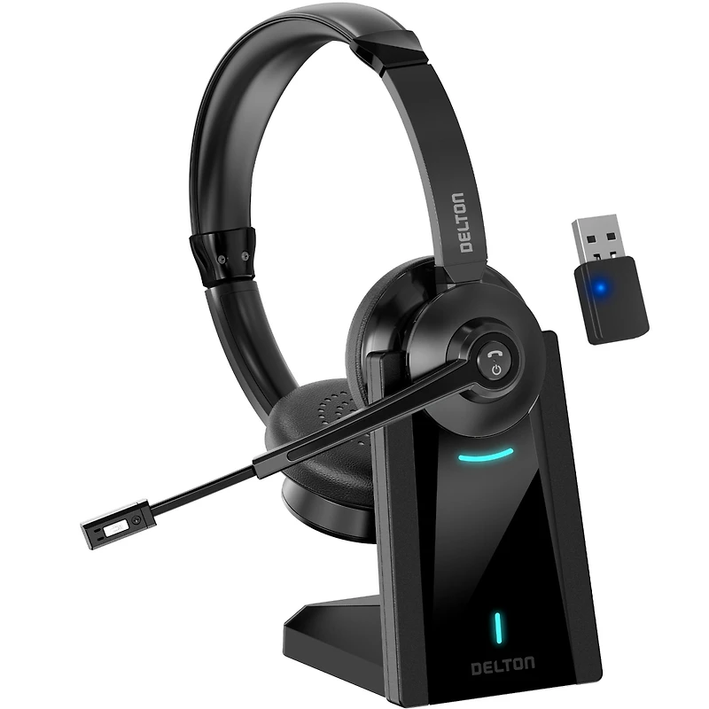 Delton 35X Noise Cancelling 2-Earpiece Computer Headset w/ Auto Pairing Usb Dongle and Charging Dock