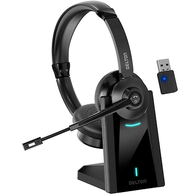 Delton 35X Noise Cancelling 2-Earpiece Computer Headset w/ Auto Pairing Usb Dongle and Charging Dock