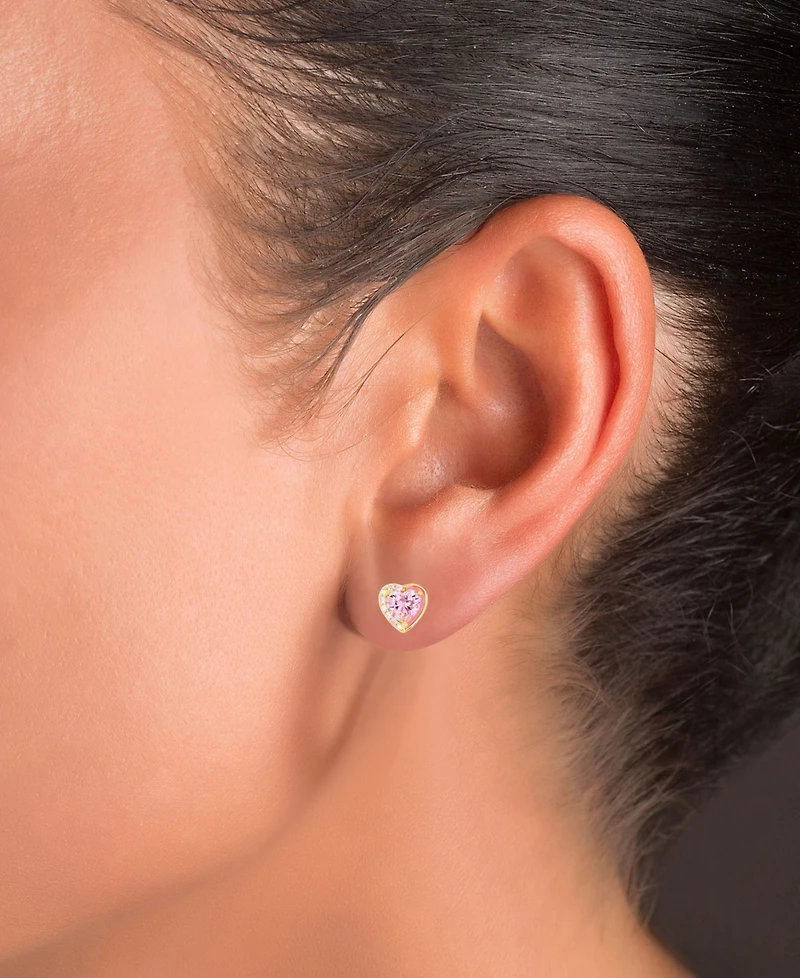 Pink and White Cubic Zirconia Heart Stud Earrings in Sterling Silver or 14k Gold over Sterling Silver