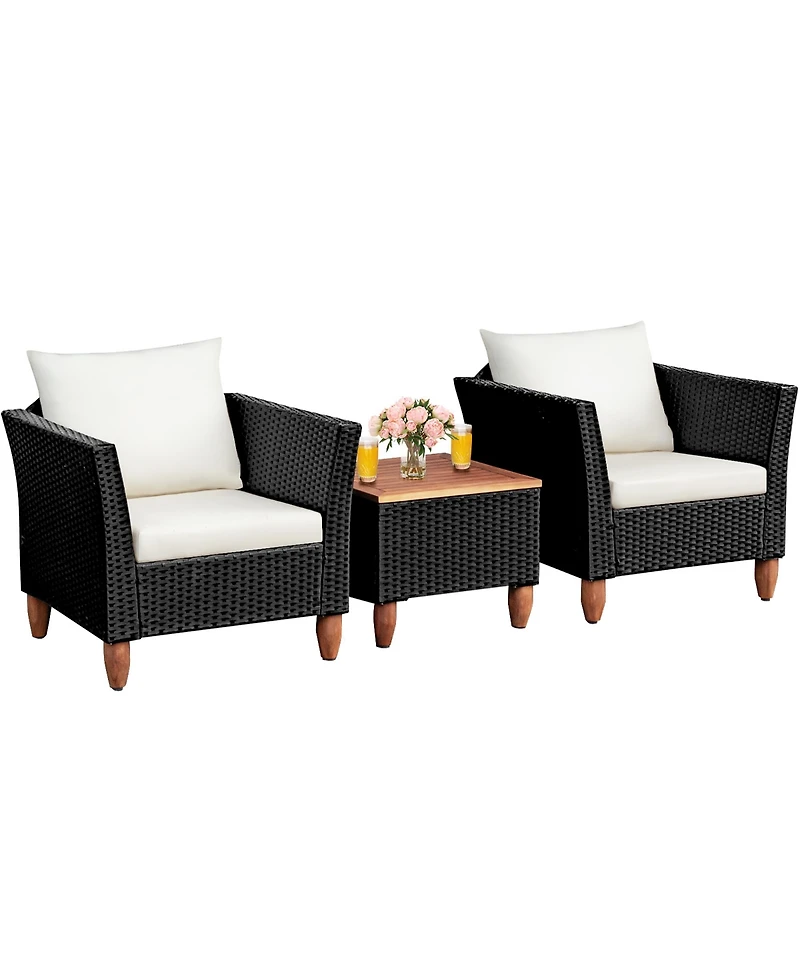 3PCS Outdoor Patio Rattan Furniture Set Wooden Table Cushioned Sofa
