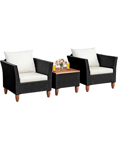 3PCS Outdoor Patio Rattan Furniture Set Wooden Table Cushioned Sofa