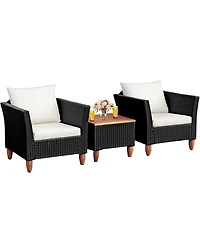 3PCS Outdoor Patio Rattan Furniture Set Wooden Table Cushioned Sofa