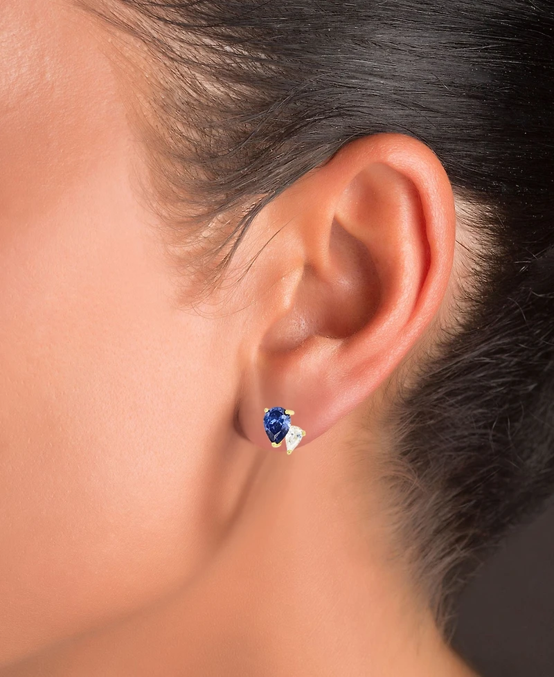 Blue and White Cubic Zirconia Stud Earrings Sterling Silver or 14k Gold over