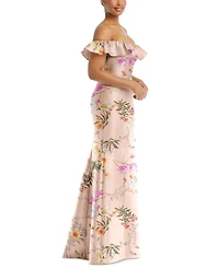 Alfred Sung Women's Off-the-Shoulder Ruffle Neck Floral Satin Trumpet Gown