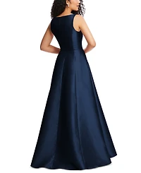 Alfred Sung Plus Size Boned Corset Closed-Back Satin Gown with Full Skirt and Pockets