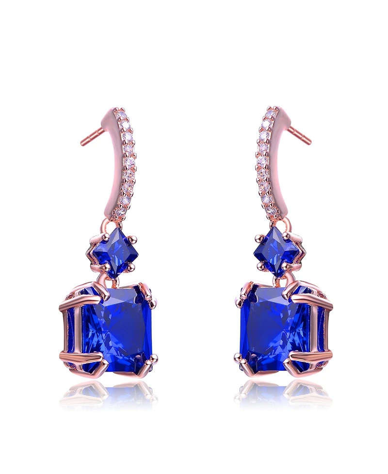 Cubic Zirconia Sterling Silver 18K Rose Plated Blue Square Shape Drop Earrings