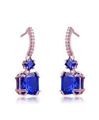 Cubic Zirconia Sterling Silver 18K Rose Plated Blue Square Shape Drop Earrings
