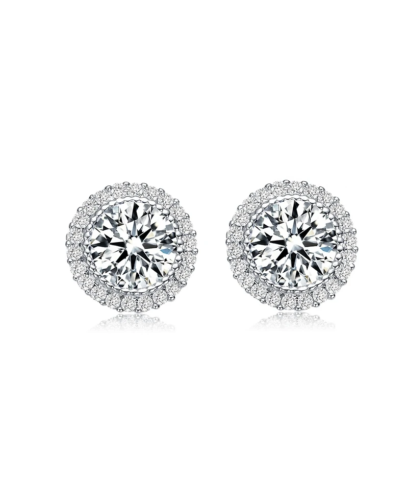 Sterling Silver Round Cubic Zirconia Milgrain Set Halo Stud Earrings